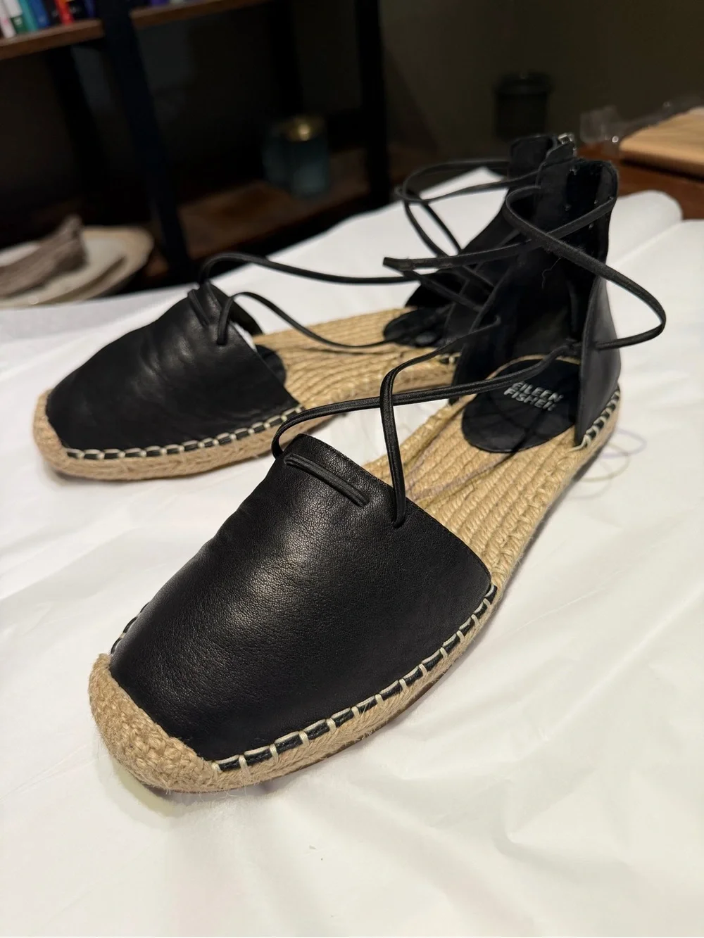 Eileen Fisher Black Lace-Up Espadrille Flats - Women's 8.5 Quiet Luxury